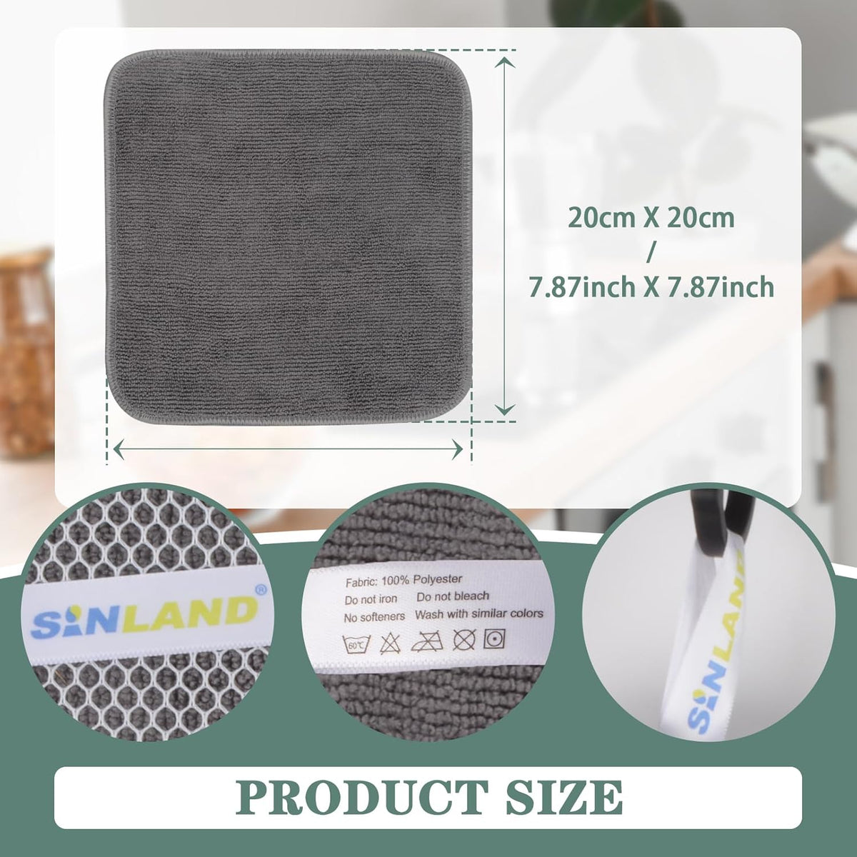 SINLAND Microfiber Dish Cloth for Washing Dishes Dish Washing Rags Best Kitchen Washcloth Cleaning Cloths Wash Cloths with Poly Scour Side 7.87Inchx7.87Inch 10 Pack Grey