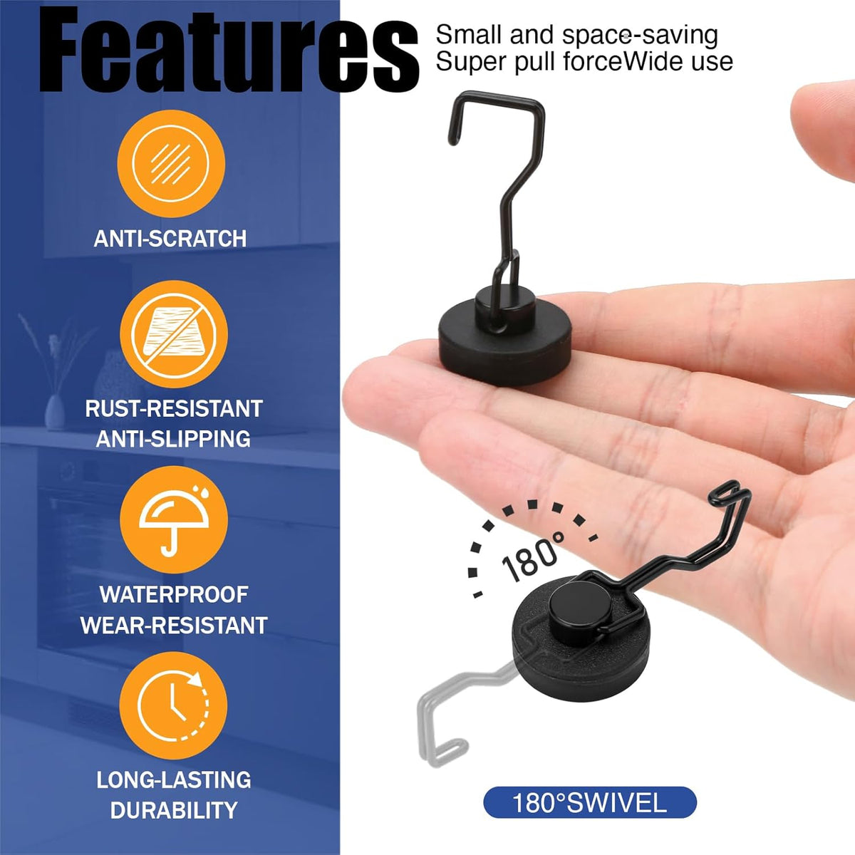 Magnetic Hooks for Grill & Refrigerator, 4-Pack Heavy Duty Rubber Coated Rust Proof Hooks – Strong Magnet for Hanging Grill Tools, Kitchen Utensils, Towels, Outdoor Camping BBQ Accessories (Black)