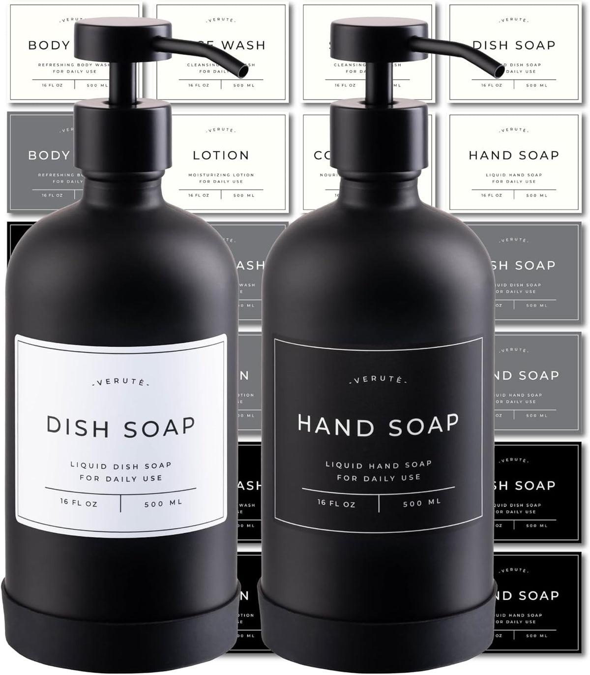 16oz Glass Soap Dispenser with Stainless Steel Pump, 21 Waterproof Labels, Non-Slip Protective Silicone Pad, Set of 2 for Bathroom & Kitchen (Matte Black Bottle/Black Pump)