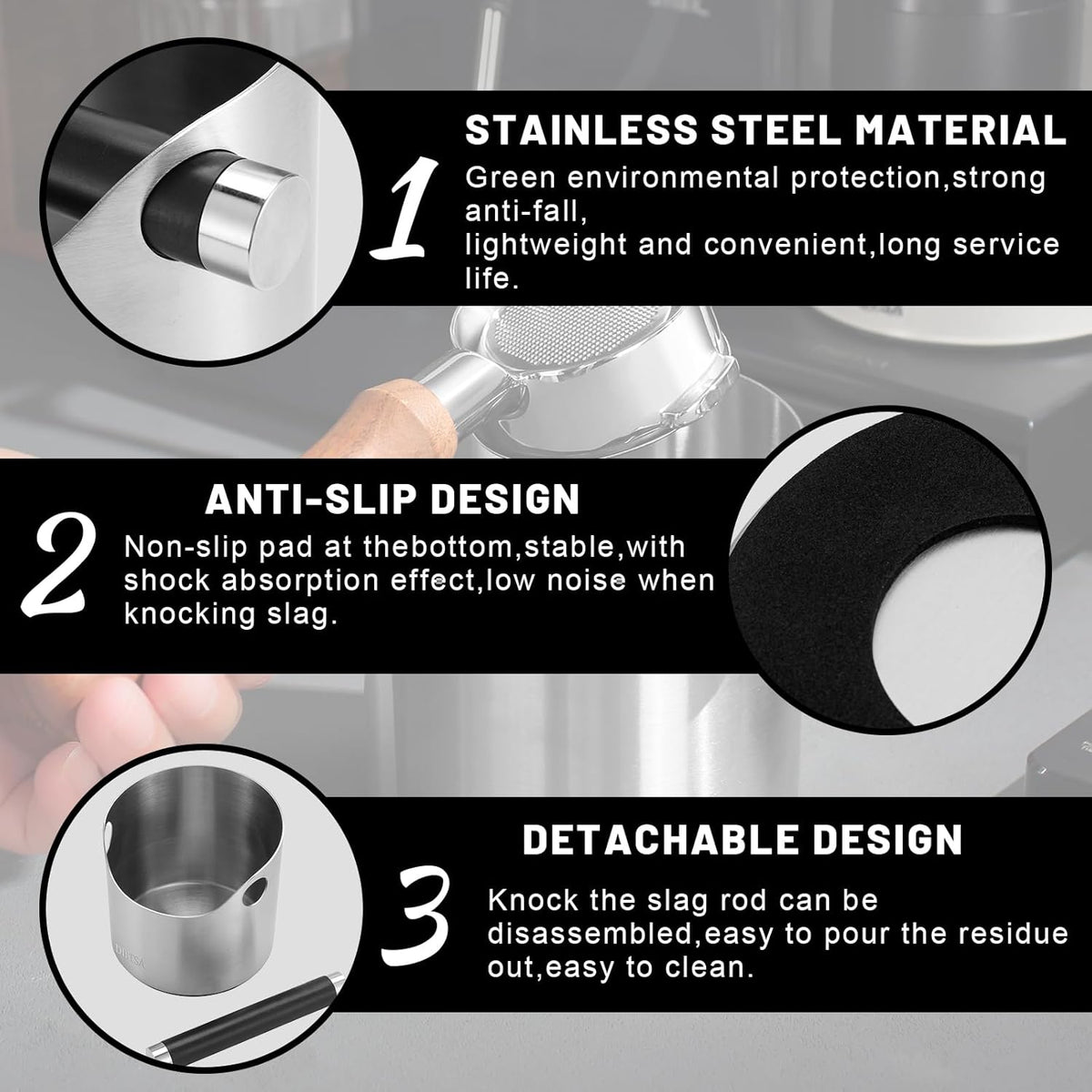 Espresso Knock Box, Stainless Steel coffee grounds container, Espresso grounds knock box With Non-slip Base and Removable Bar
