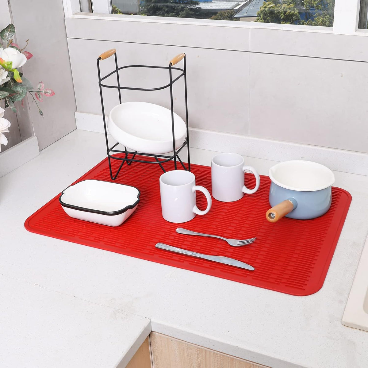 Silicone Dish Drying Mat for Multiple Usage,Easy clean,Eco-friendly,Heat-resistant Silicone Mat for Kitchen Counter or Sink,Refrigerator or Drawer Liner Red 3XL 28 inches x 18 inches