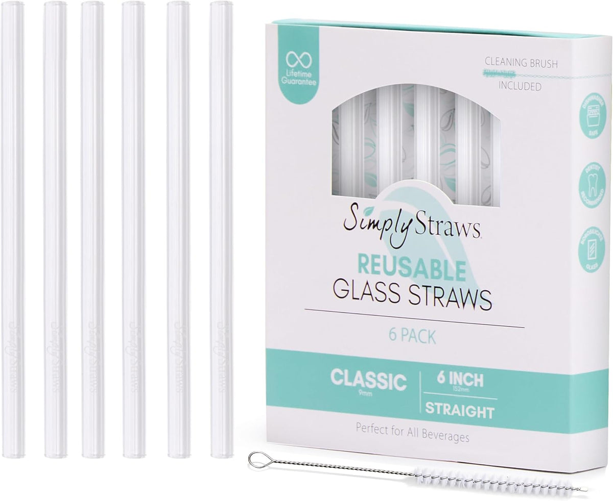 Simply Straws 6 Inch Glass Straws Straight (6-Pack) – Reusable Glass Straws for Low Balls & Stemless Glasses, with Cleaning Brush – Dishwasher Safe, Hot & Cold Use, BPA-Free (Air)