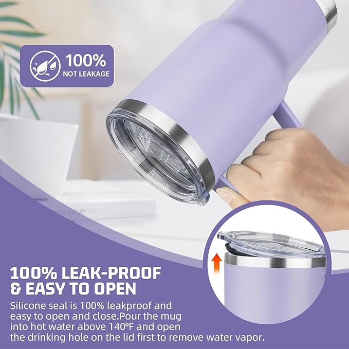 20 oz Tumbler with Handle Stainless Steel Insulated Coffee Mug Tumbler with Lid and Straw Double Wall Vacuum Insulated Coffee Mug Leak Proof Travel Tumbler for Hot and Cold Drink (Pale Purple,4pack)