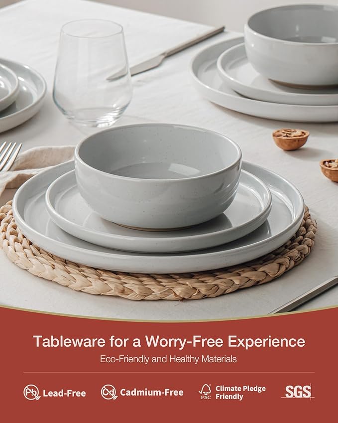Famiware Milkyway Dinnerware Set with Mugs, Service for 4 (16pcs), Ribbed Stoneware Plates and Bowls Dishes Sets - Chip & Scratch Resistant, Microwave & Dishwasher Safe, Light Gray