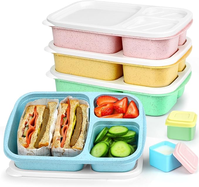 Caperci Bento Lunch Box Containers for Adults & Kids - 3-Compartment Reusable Meal Prep Containers with 2 Sauce Containers for School, Work, Travel, Wheat Straw, 4-Pack (Vintage Colors)