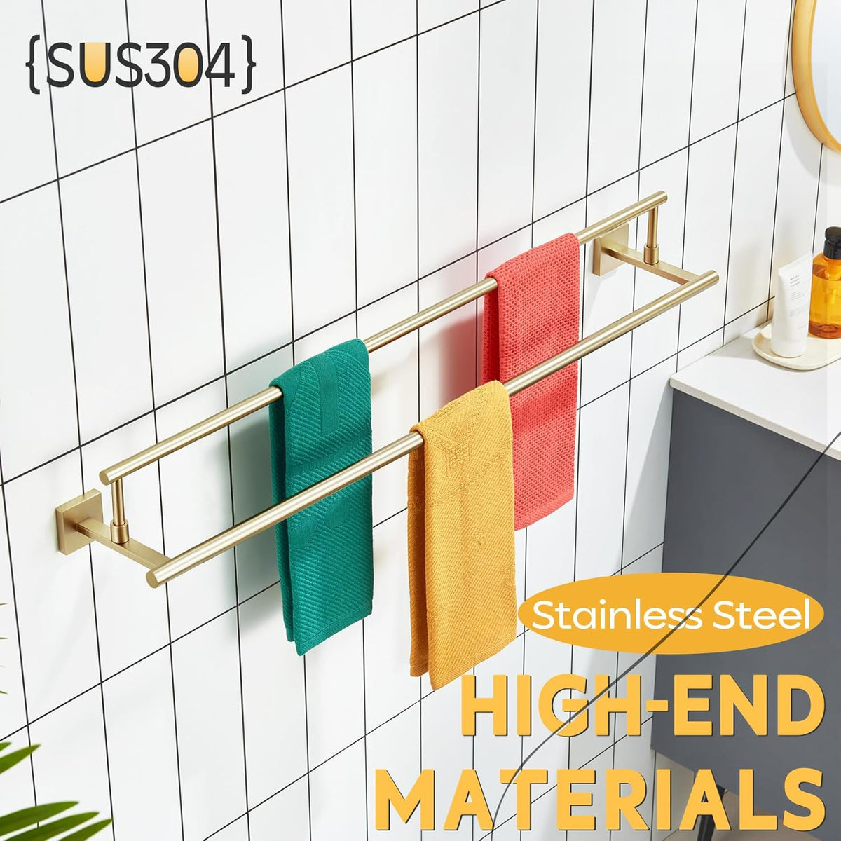 KOKOSIRI Bath Towel Bars 36-Inch Double Towel Rails Overlength Bathroom Racks for Cabinet Kitchen Brushed Gold Stainless Steel B5009BG-L36