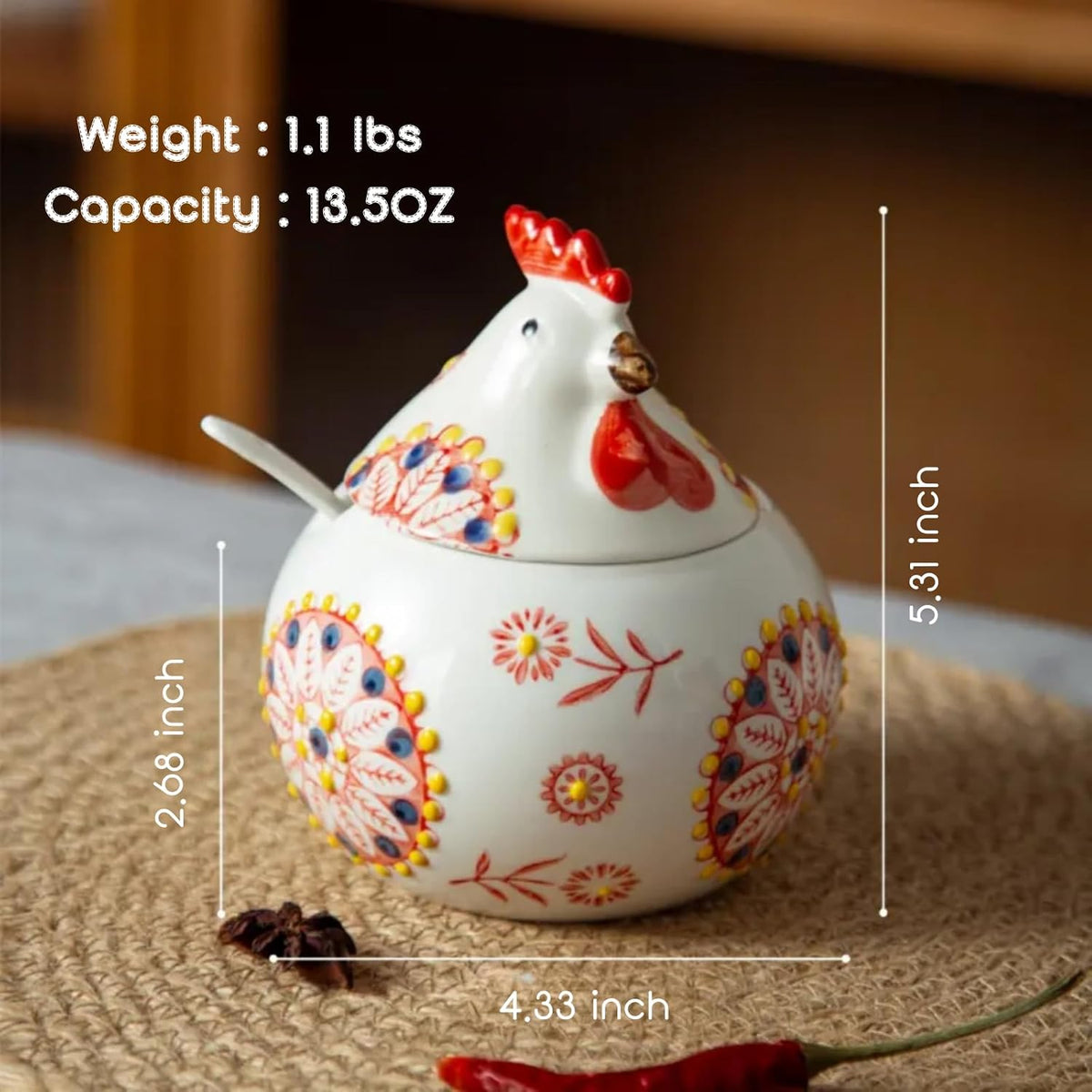 13.5 Oz Salt Cellar With Lid and Spoon (Red)- Ceramic Chicken Spice Jars for Salt, Sugar, Pepper - Spice Containers for Countertop