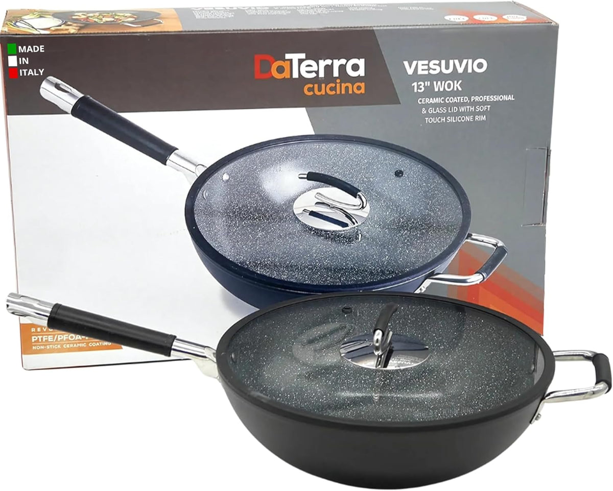DaTerra Cucina - 13" Nonstick Ceramic Wok with Lid - Made in Italy - High Heat Resistant Nonstick Cookware - Oven Safe, PTFE, Cadmium, Lead & PFOA free - Volcanic Black Speckled