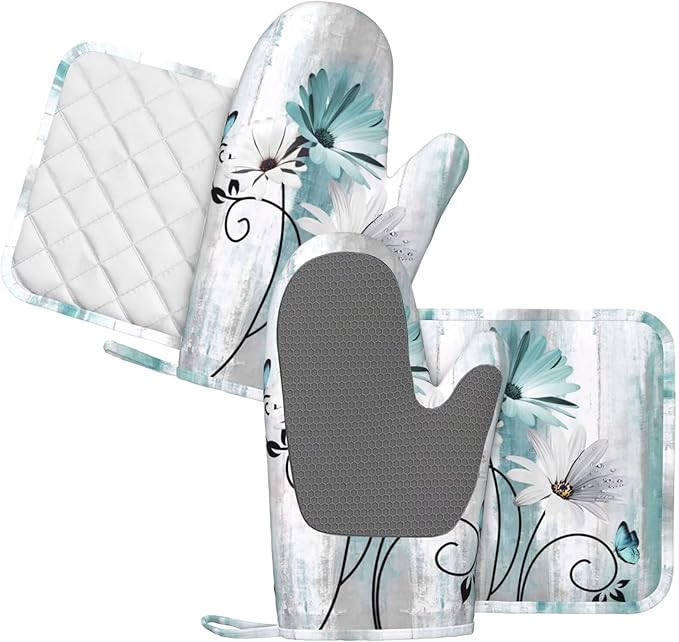 Teal Daisy Oven Mitts Pot Holders Set Silicone Heat Resistant Farm Teal Daisy Floral Flowers and Butterfly Oven Mitts and Hot Pads Potholders Non-Slip Oven Gloves for BBQ