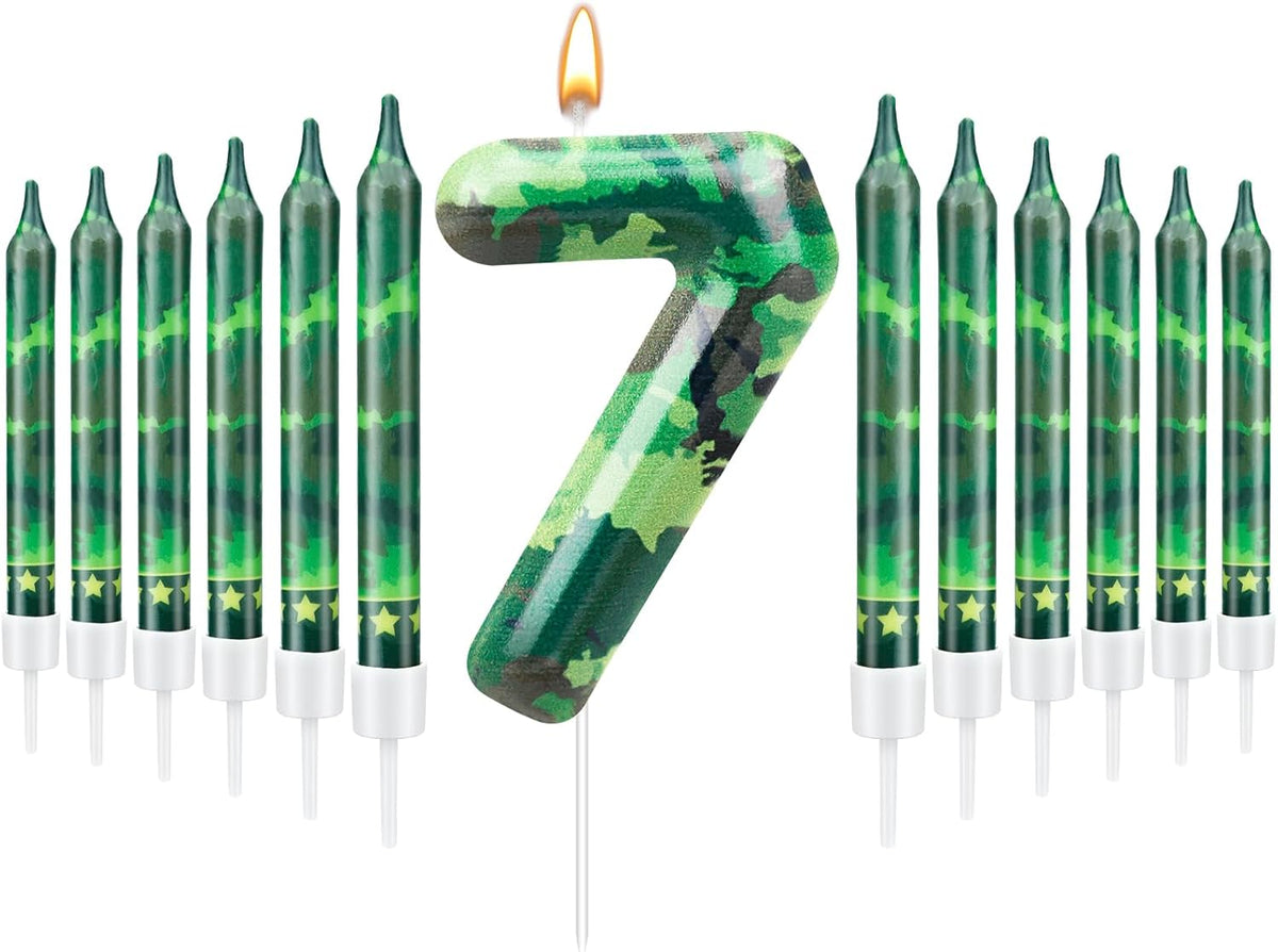 13 Pcs Camo Themed Birthday Candles 12 Army Themed Birthday Cake Candles and Number 7 Candle Cake Topper for Birthday Party Camouflage Motif Party Hunting Themed Party Decoration Supplies (Number 7)