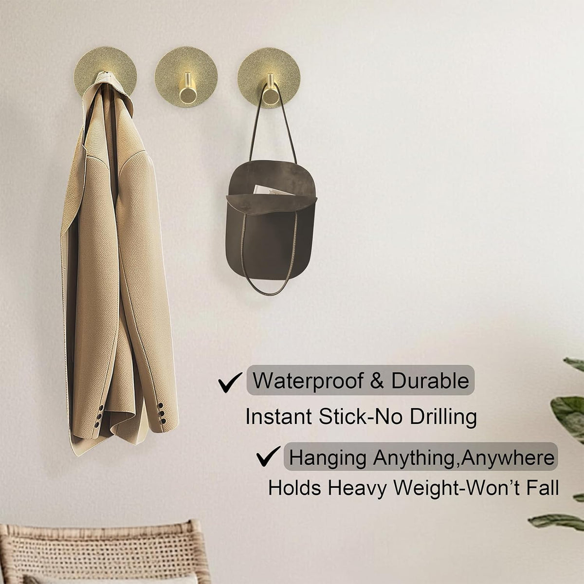 Aluminum Wall Hooks, No Drill Damage-Free Adhesive Hook, Product for Hanging Heavy Duty for Bathroom Kitchen Home (Single Round Gold Hook, 4)