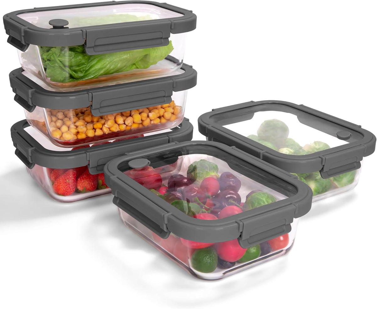 5-Pack Borosilicate Glass Containers with Tempered Lids, 35.2oz/4.4 Cup Airtight Meal Prep Set, Microwave/Freezer Safe (Gray)
