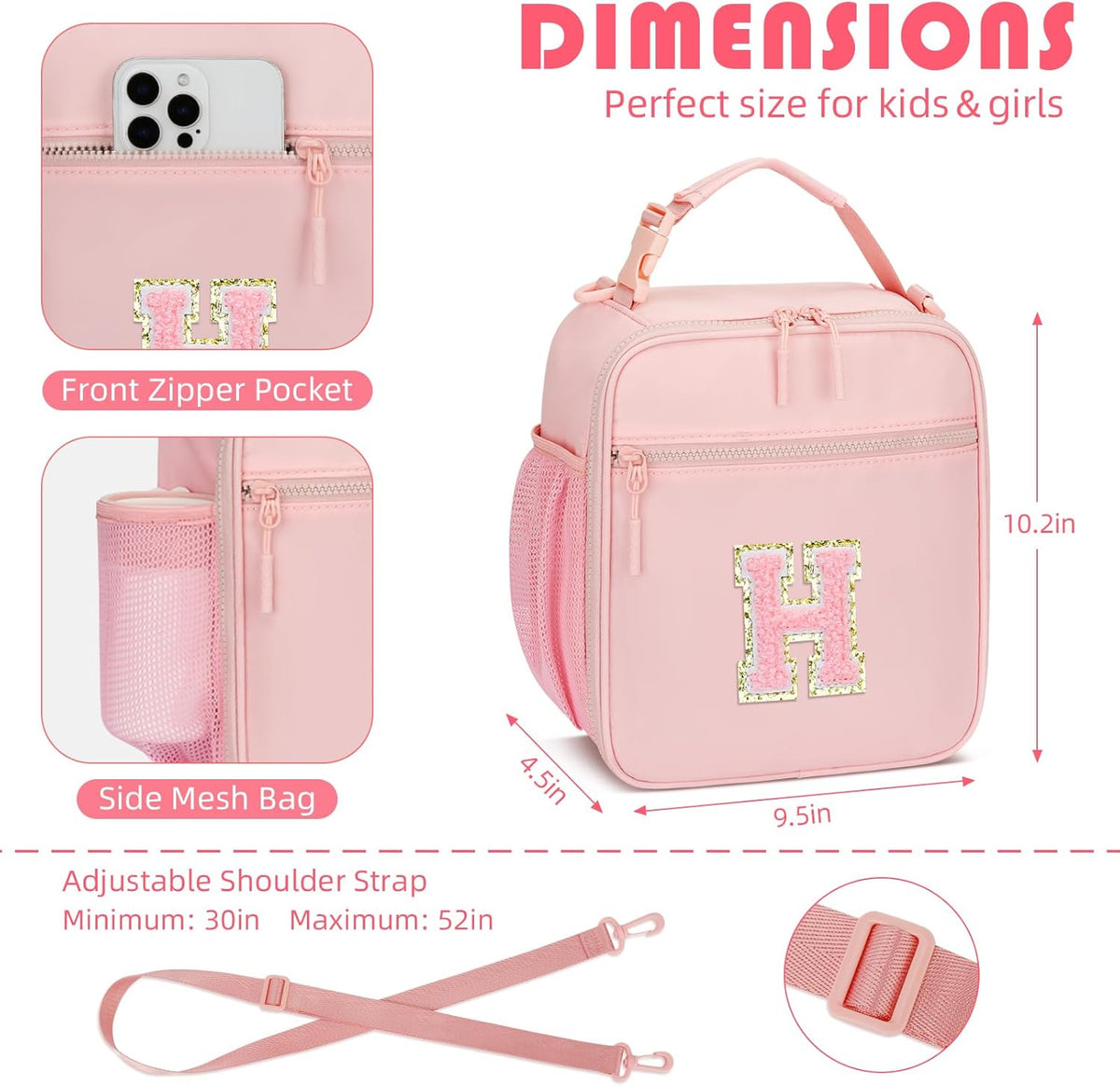Initial Insulated Lunch Bag for Girls Kids, Back to School Gift, Reusable Leak-proof Lunch Box with Adjustable Strap for School Daycare Travel Picnic (Pink,H)