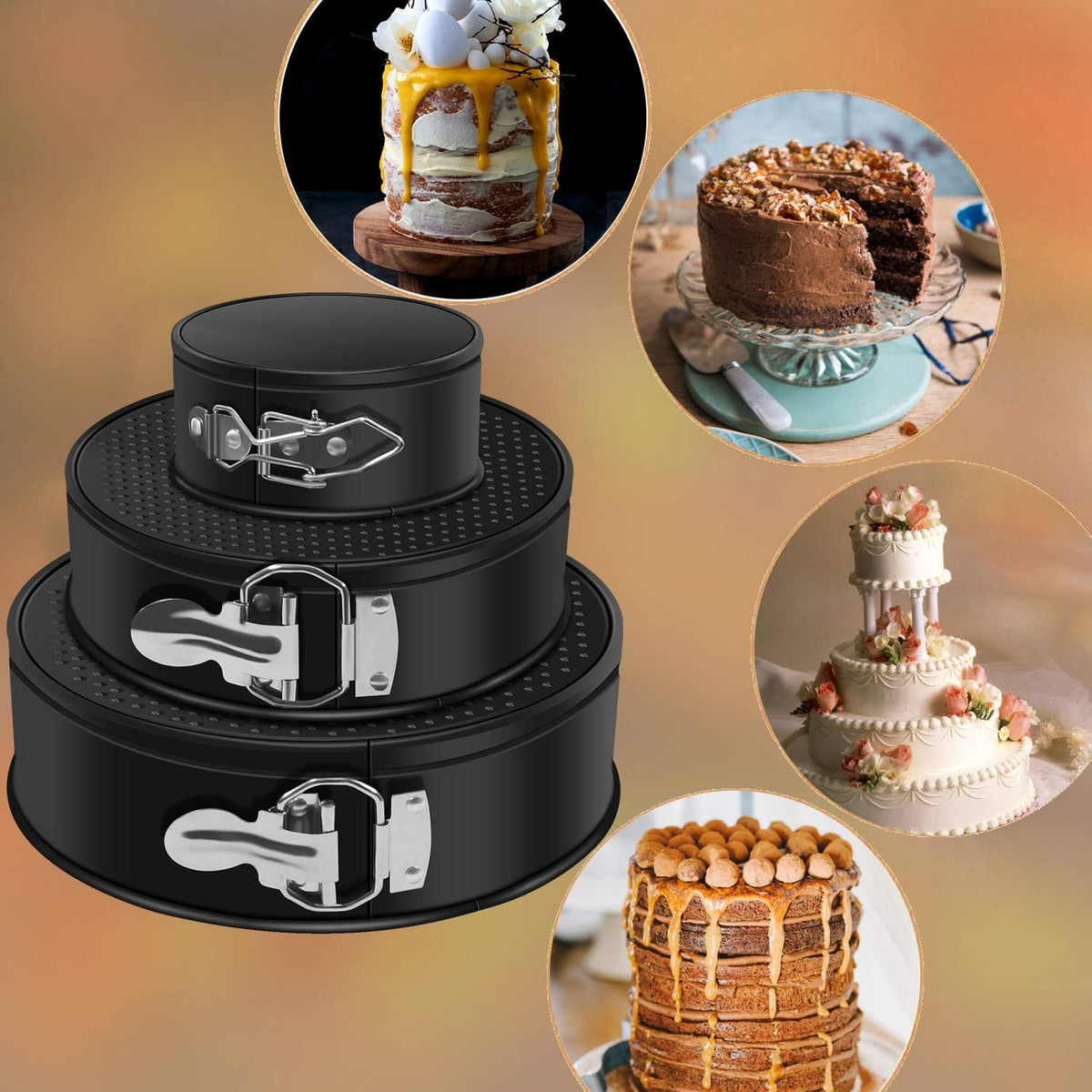 Springform Cake Pan Set of 3 Non-stick Leakproof Round Cheesecake Pan with Removable Bottom, Circle 3 Pieces 4" 7" 9" Springform Pans for Baking with 50 Pcs Parchment Paper Liners