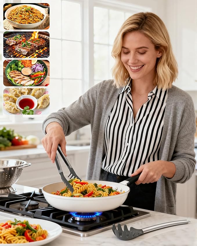 Spaghetti Spoon and Pasta Tong with Grip Teeth and Drain Holes, 2-Piece Non-Stick Silicone Head with Stainless Steel Handle, Heat Resistant Food Grade Utensils for Cooking, Serving, Salad and Noodles