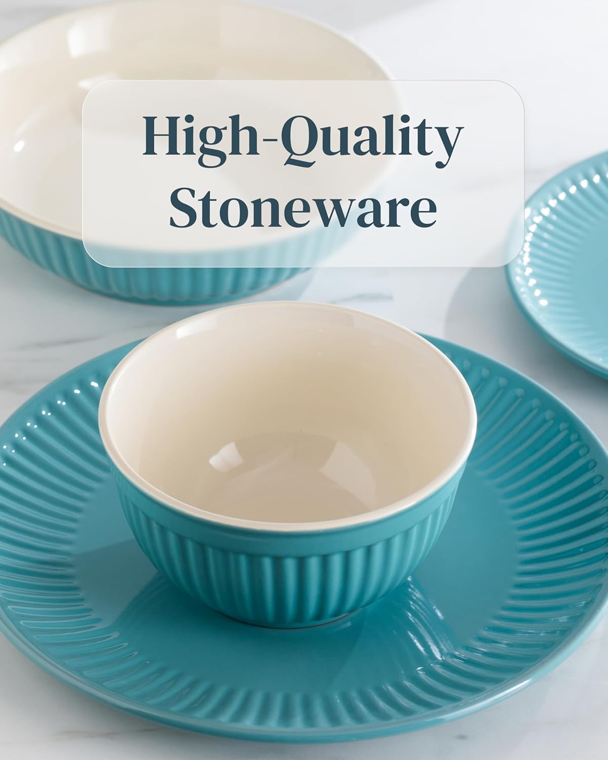 Stoneware Dinnerware Set for 8 People HYGGE 24-Piece - Elegant Scandi Design - Premium Dish Set - Bowl and Plate Set - Tableware for 8 People in a Ribbed Design - Pure Living in Green