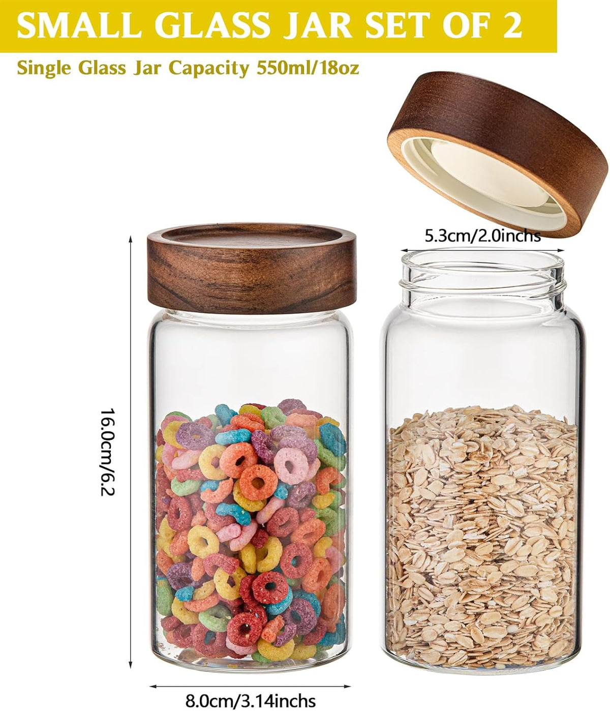 Glass Coffee Jars with Top Screw Lid Round Food Storage Canister Clear Glass Jar for Pantry Sugar Tea Coffee Bean Spice Nuts Cookies Bath Salts (2×550ml(18oz))