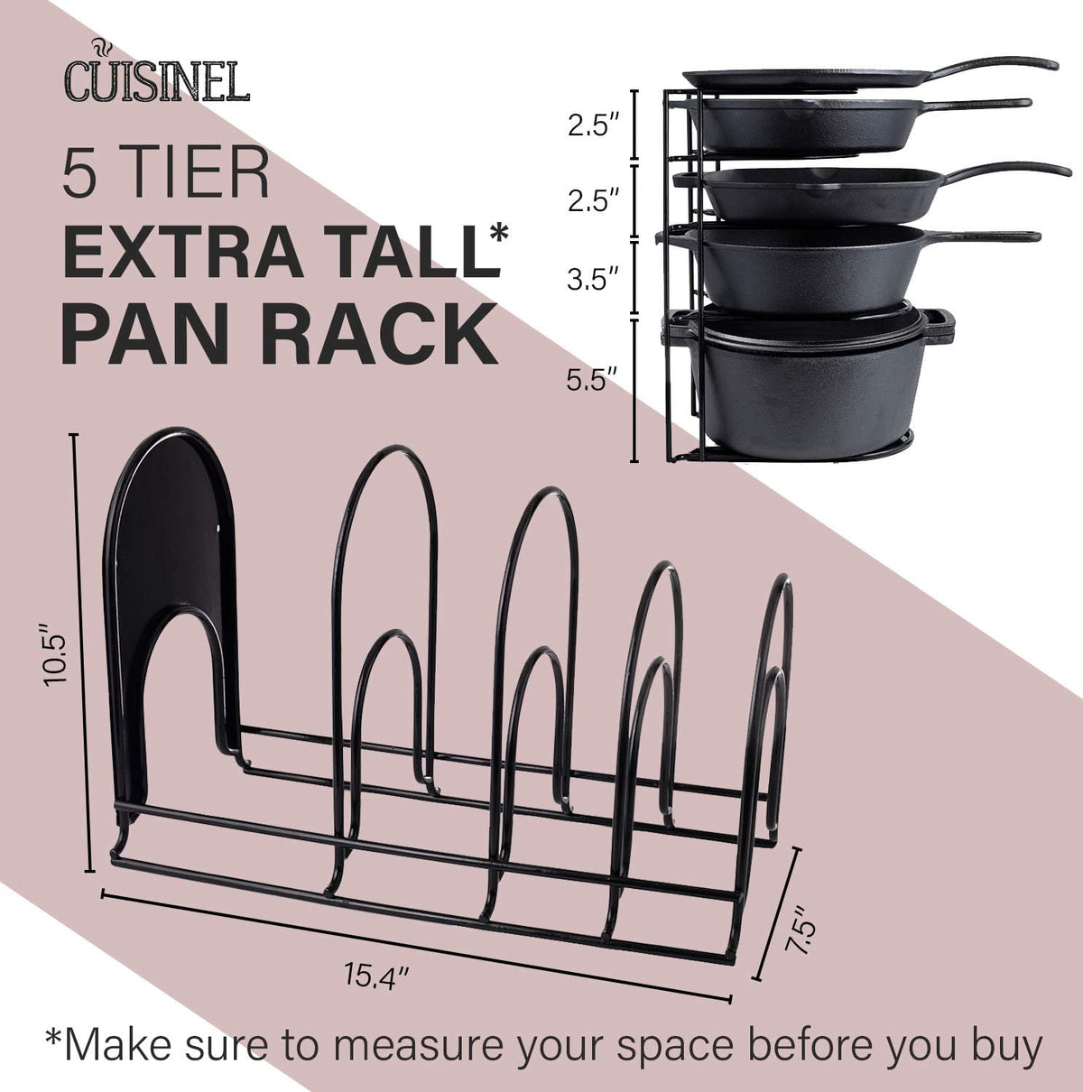 Cuisinel Heavy Duty Pots and Pans Organizer - Extra Large 5-Tier Rack - Holds Cast Iron Skillets, Dutch Oven - Durable Construction - Space Saving Kitchen Storage - No Assembly Required - Black 15.4"