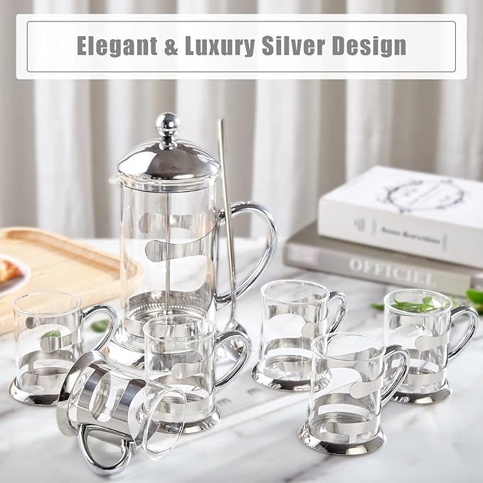 DUJUST Silver French Press Set with 6 Cups & Tray, Luxury Design Coffee Maker with 4-Level Filter System, Hot & Cold Resistant Glass French Coffee Press Set, Well Packed, Holiday Gift & Home Décor
