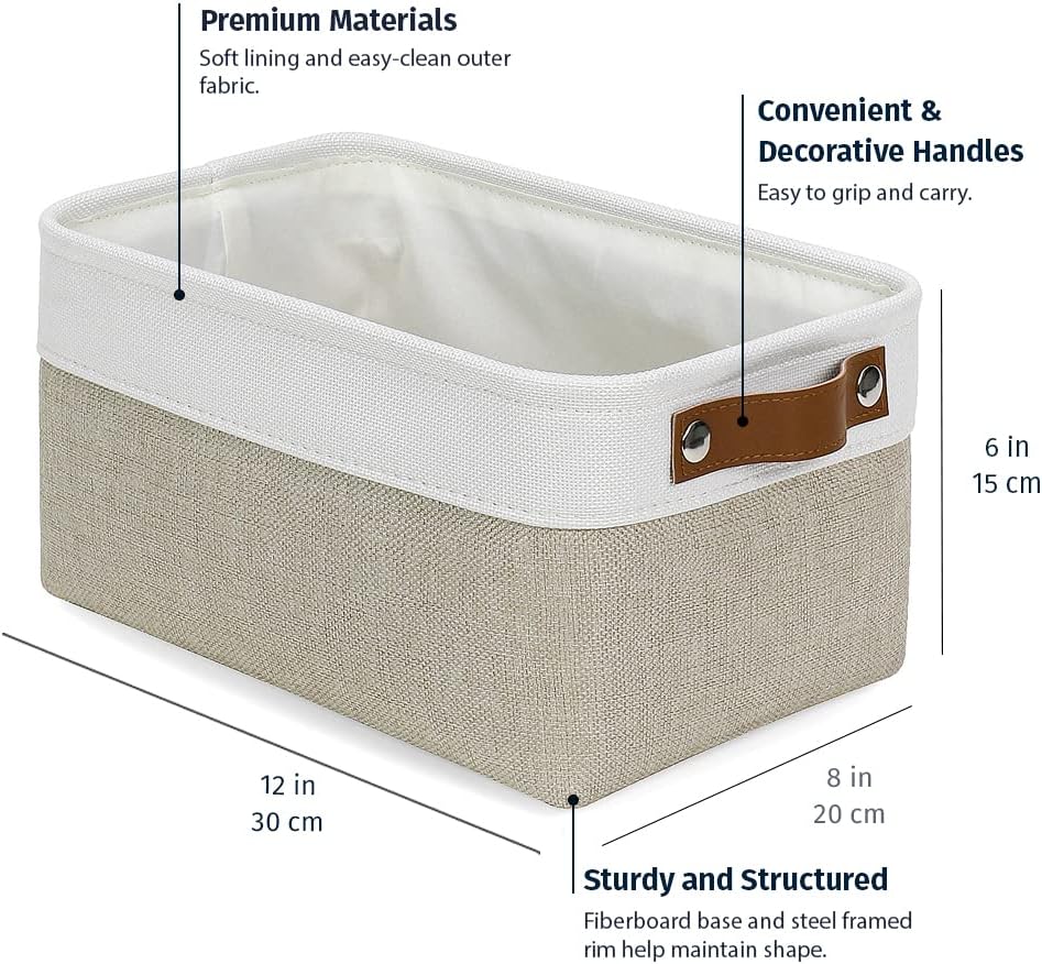 OrganiHaus Small Fabric Storage Baskets for Shelves 6 Pack, 12x8in Closet Storage Bins for Shelves, Cloth Storage Bins, Linen Closet Organizers, Fabric Basket, Shelf Baskets for Organizing Beige/White
