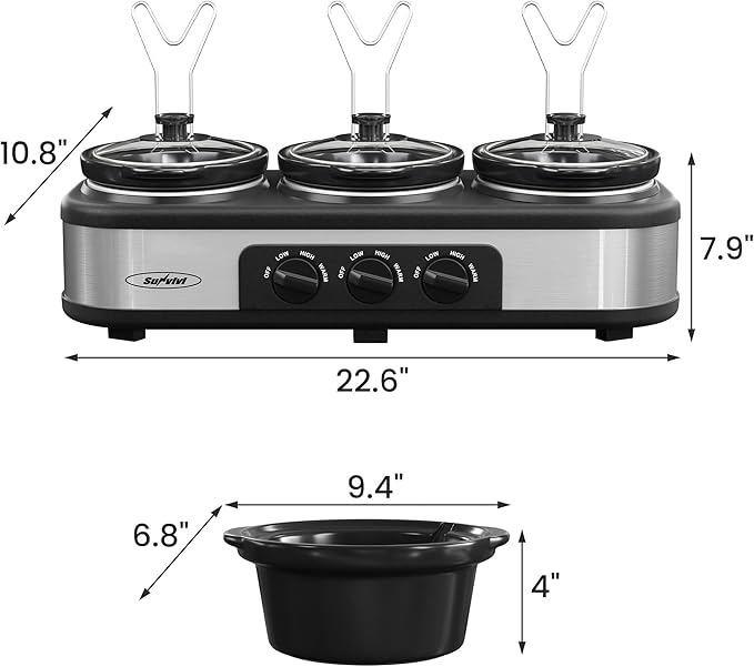 Sunvivi Slow Cooker, Triple Slow Cooker Buffet Server and Food Warmer, 3-Section 1.5-Quart Upgraded Oval Ceramic Pot with Stainless Steel Lid Rests, 3 Spoons, Total 4.5 QT