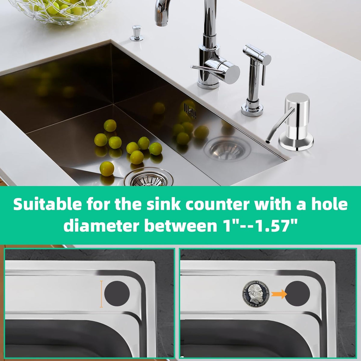 Soap Dispenser for Kitchen Sink, Built in Sink Soap Dispenser, Countertop Soap Dispenser Pump with 47" Extension Tube kit, No Need to Fill Little Bottle Again, Chrome
