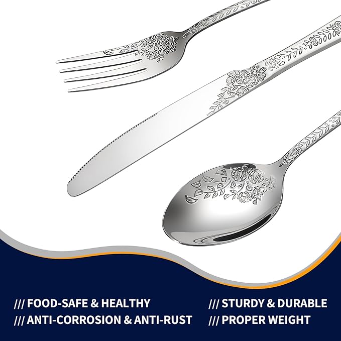 Floral 40 Pcs Silverware Set for 8, Food Grade Stainless Steel Flatware Set with Rose Flower Embossed Design, Eating Utensils Sets Include Fork/Knife/Spoon, Reusable Cutlery Set, Dishwasher Safe