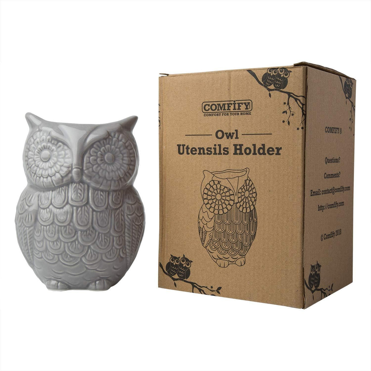 Owl Utensil Holder Decorative Ceramic Cookware Crock & Organizer, in Lovely Grey Color - Utensil Caddy and Perfect Kitchen Ceramic Decor Gift - 5" L x 7" H x 4" W