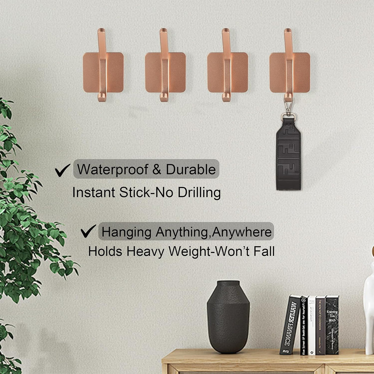 Aluminum Wall Hooks, No Drill Damage-Free Adhesive Hook, Product for Hanging Heavy Duty for Bathroom Kitchen Home (Double Square Rose Gold Hook, 4)
