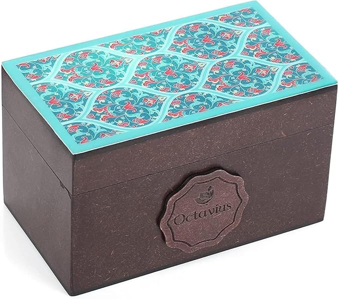 Octavius Assorted Tea Gift Set | 6 Assorted Black & Green Teas | 30 Teabags | Wooden Tea Sampler Pack w/Ornate Floral Design | Pack of 2
