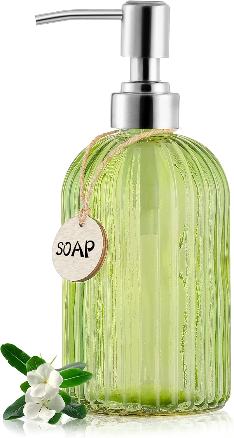 16 OZ Soap Dispenser，Tempered Glass Clear Vertical Stripe with 304 Rust Proof Stainless Steel Pump Refillable Liquid Hand Soap Dispenser，for Bathroom, Kitchen, Dish Soap，Lotion (Green)