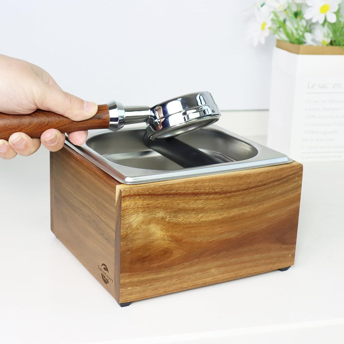 Acacia Wood Espresso Knock Box, Large Capacity with Stainless Steel Interior, Silicone Knock Bar, Anti-Slip Base, Noise-Reducing & Shock-Absorbing Design, Removable for Easy Cleaning