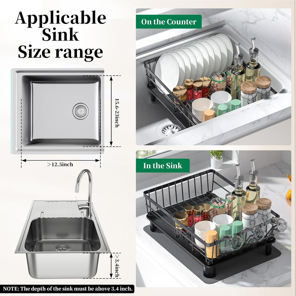 Kitchen Dish Rack with Mat Space-Saving Small Dish Drainer,Simple Human Expandable Over The Sink Dish Drying Rack,Rustproof Drying Rack Dishes with Utensil Holder,15" Dx11 W(inches),Black