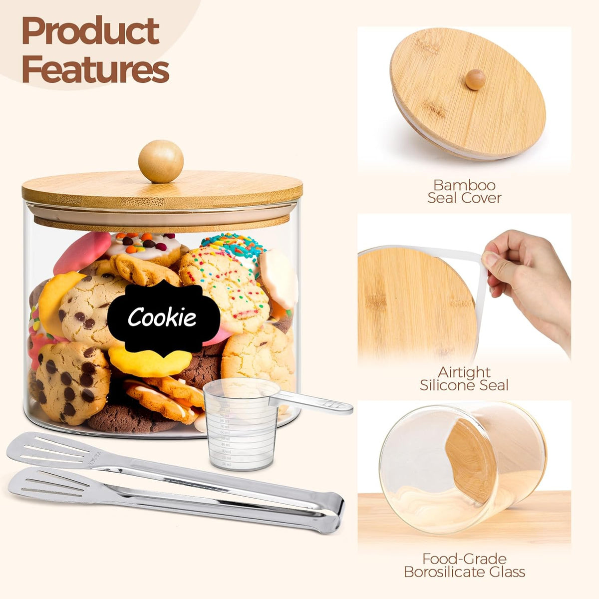 ComSaf Half Gallon Cookie Jar, Large Glass Jar with Lid Set of 2, 64 OZ Glass Food Storage Containers, Flour Sugar Storage Containers for Candy Cereal Nuts Beans, Canisters Sets for The Kitchen