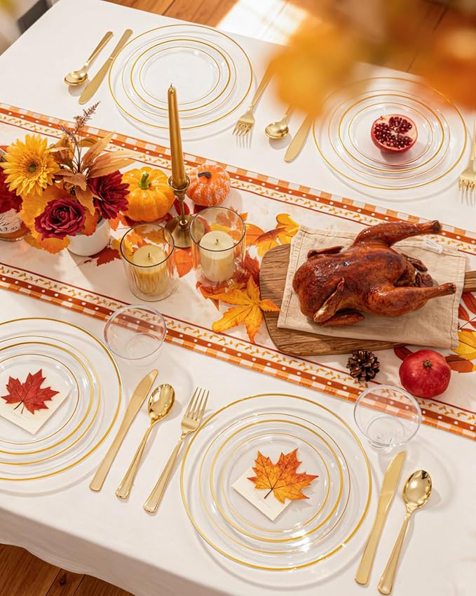 bUCLA 150Pcs Clear Gold Plastic Dinnerware Set - Clear and Gold Disposable Plates Include 25 Dinner / 25 Dessert Plates,25 Knives,25 Forks,25 Spoons,25 Cups for Party, Fall & Thanksgiving