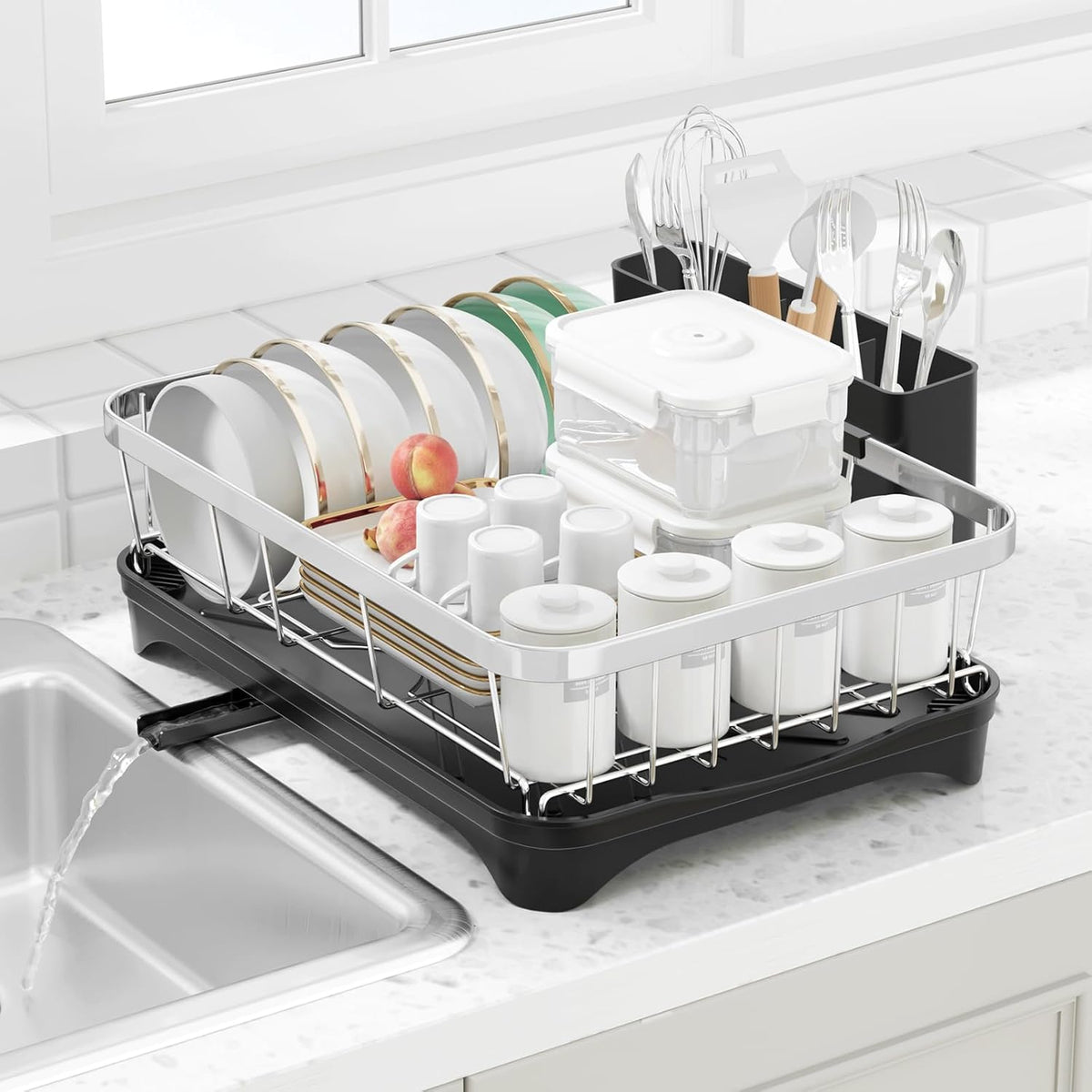 Dish Drying Rack 304 Stainless Steel Dish Rack with Drainboard,Space Spaving Auto-Draining Drying Racks for Kitchen Counter,Large Capacity Dish Racks for Bowls, Cups, Dish Drainer Black