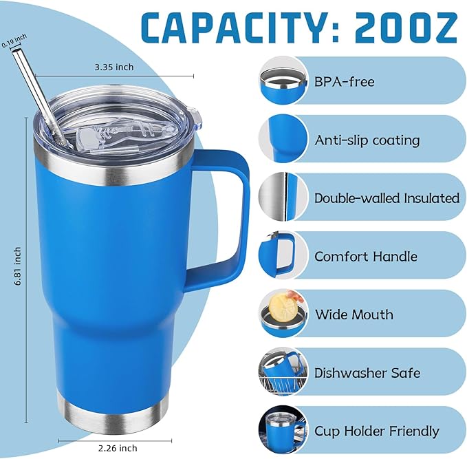 20 oz Tumbler with Handle Stainless Steel Insulated Coffee Mug Tumbler with Lid and Straw Double Wall Vacuum Insulated Coffee Mug Leak Proof Travel Mug Tumbler for Hot and Cold Drink (Mix Color-5)