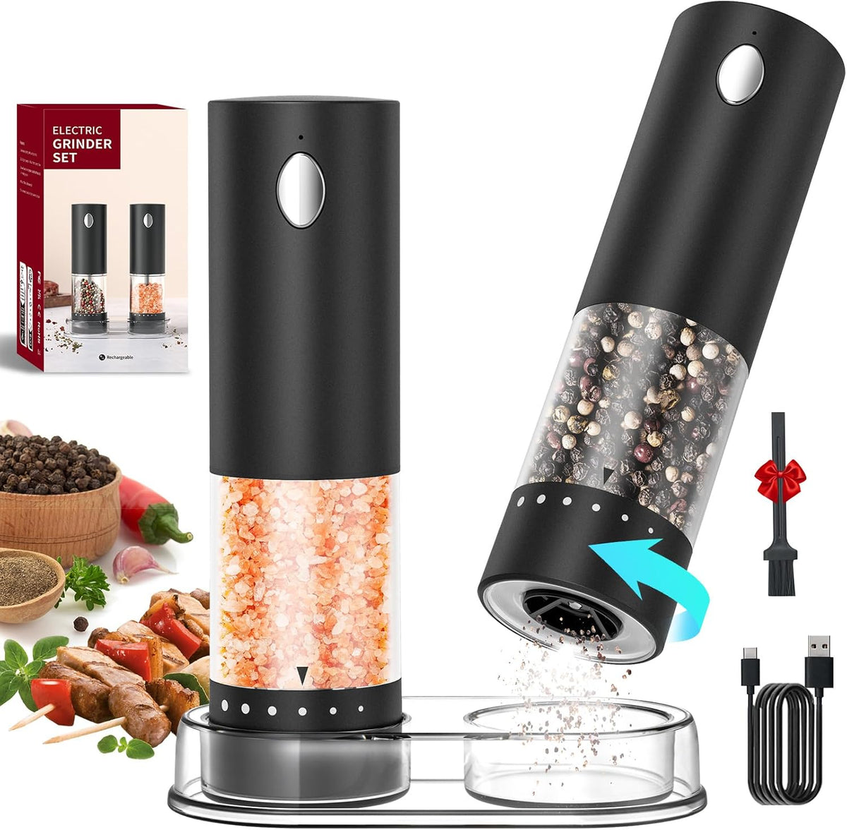 CIRCLE JOY Electric Salt and Pepper Grinder Set Rechargeable Salt and Pepper Mills with 6-Level External Adjustable Coarseness, White LED Light and Storage Base, Black