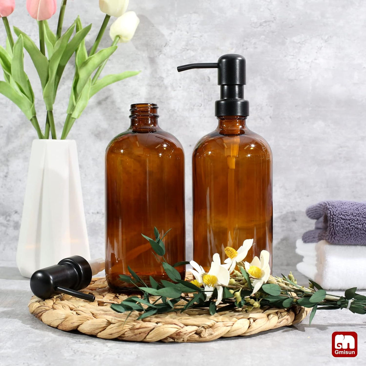GMISUN Amber Glass Soap Dispenser, 2 Pack Bathroom Hand Soap Dispensers with Stainless Steel Pump, 17 Fl Oz Kitchen Hand and Dish Soap Dispenser Set, Modern Vintage Liquid Brown Soap Dispensers Bottle