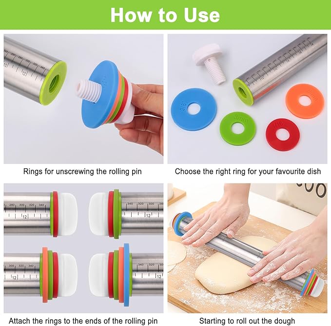 Adjustable Rolling Pin with Thickness Rings for Baking, Stainless Steel Designs Dough Roller Pins for Cookie Decorating Baking Supplies Fondant Cake Baker