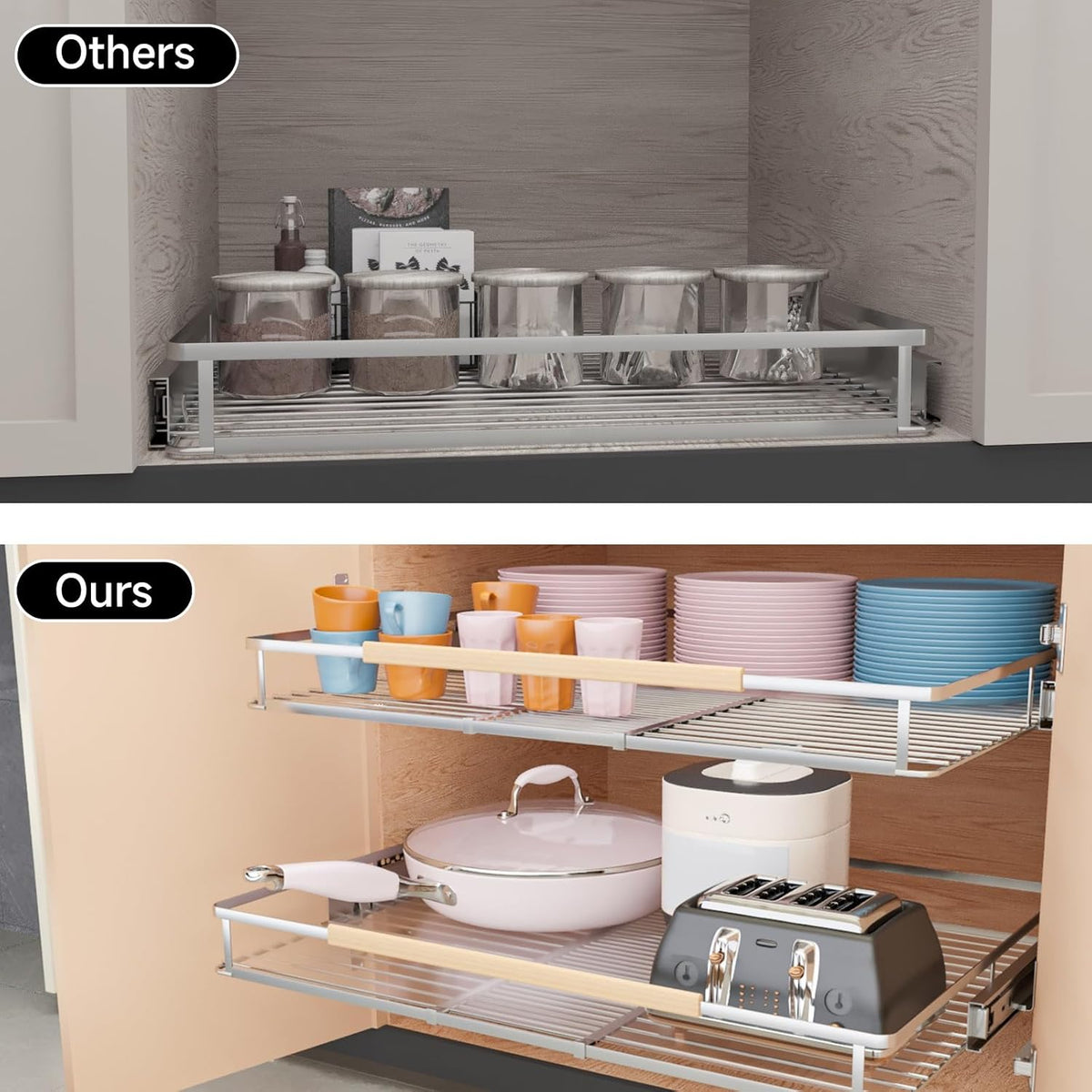 1Pack Expandable Pull Out Cabinet Organizer, Slide Out Drawers for Kitchen Cabinets, Heavy Duty Drawer Slides for Home Kitchen Pantry Cupboard Pots Pans, Adjustable Width 17.1"~28.1" W x 22.5''D