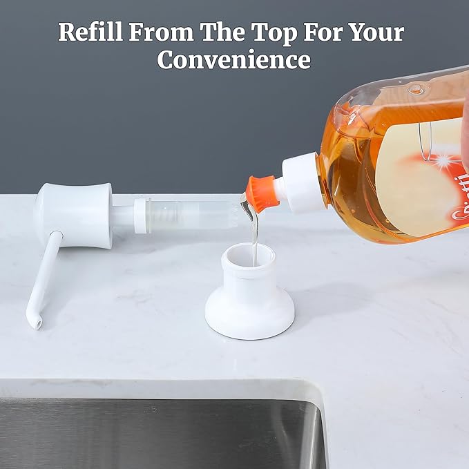 White Sink Soap Dispenser for Kitchen Sink (White), Built-in and Refill-from-Top Design with Liquid Hand & Dish Soap Bottle