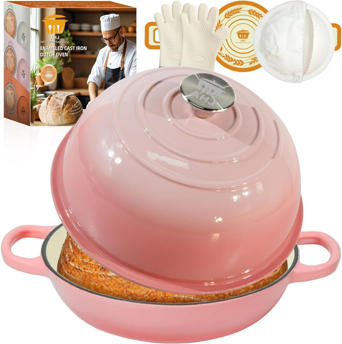 AHJ 6QT Dutch Oven For Bread Baking, Enameled Cast Iron Dutch Oven Pot with Lid, Multi-Functional Bread pan, Sourdough Baking Supplies with Proofing Basket, Cast Iron Bread Oven, Silicone Sling & Gloves.