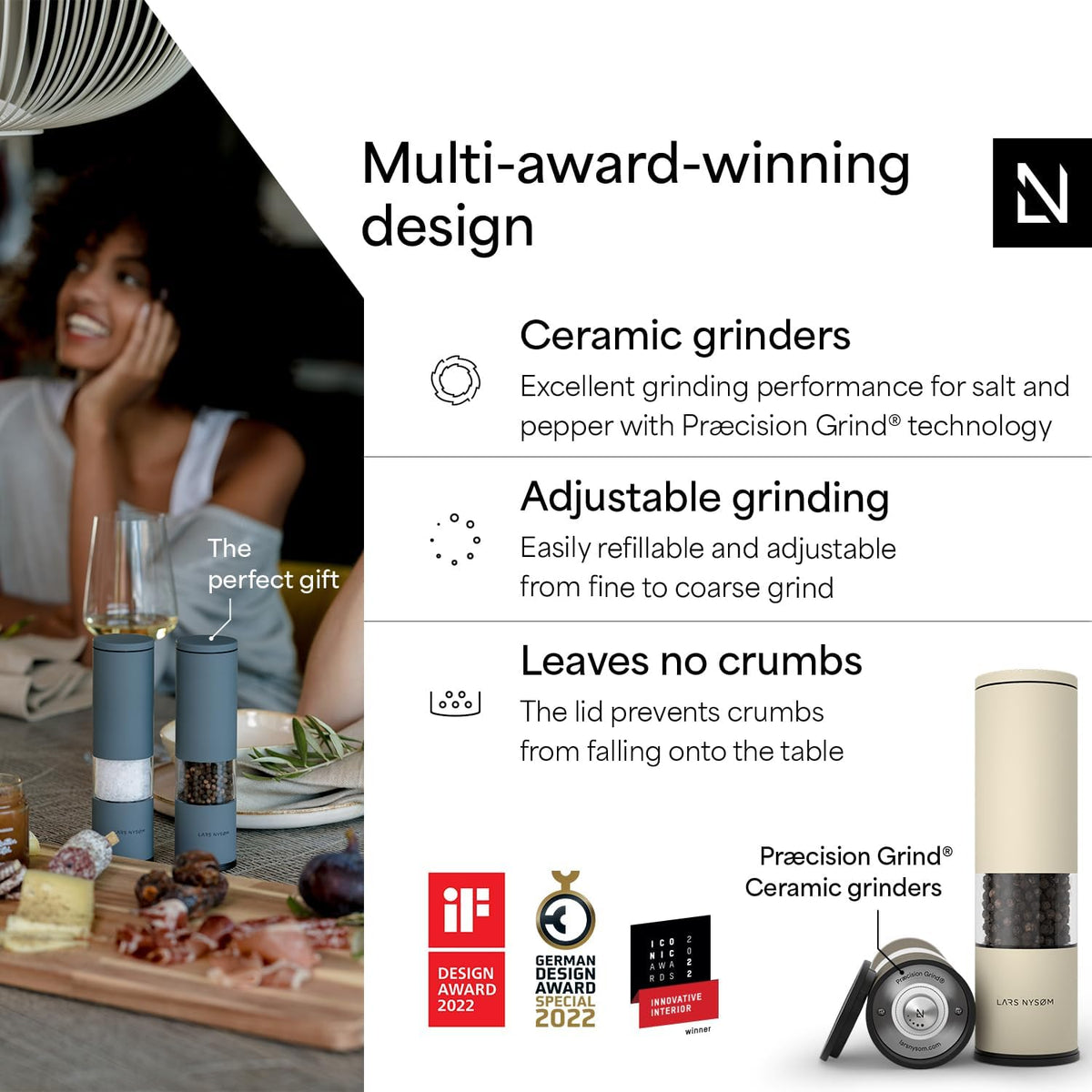 LARS NYSØM Salt and Pepper Grinder Set Manual, Stainless Steel Salt and Pepper Mills with Adjustable Ceramic Grinder I Design Spice Shakers (Brown/Beige)