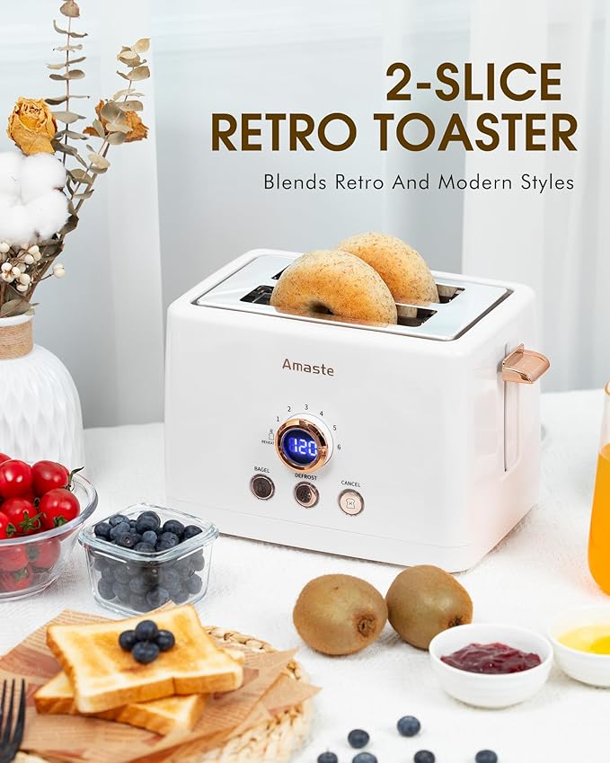 2 Slice Toaster, Retro Bread Toaster with LED Display, Extra Wide Slots Toasters with 6 Bread Shade Settings, Bagel, Cancel, Defrost Function, Stainless Steel with High Lift Lever, Removal Crumb Tray