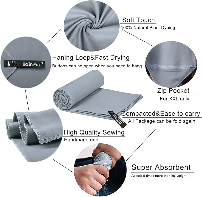 Rainleaf Microfiber Towel Perfect Travel & Gym & Camping Towel. Quick Dry - Super Absorbent - Ultra Compact - Lightweight. Suitable for Trip, Beach, Shower, Backpacking, Pool