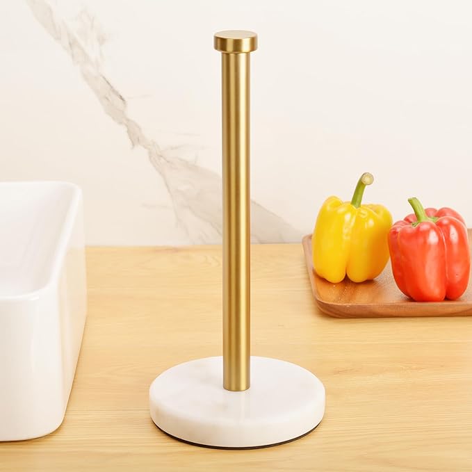 Paper Towel Holder Countertop, Heavy Weighted Marble Gold Paper Towels Holder for Kitchen Counter,Modern Standing Papertowel Roll Holders(Brushed Gold Stainless Steel Bar, White Natural Marble Base)