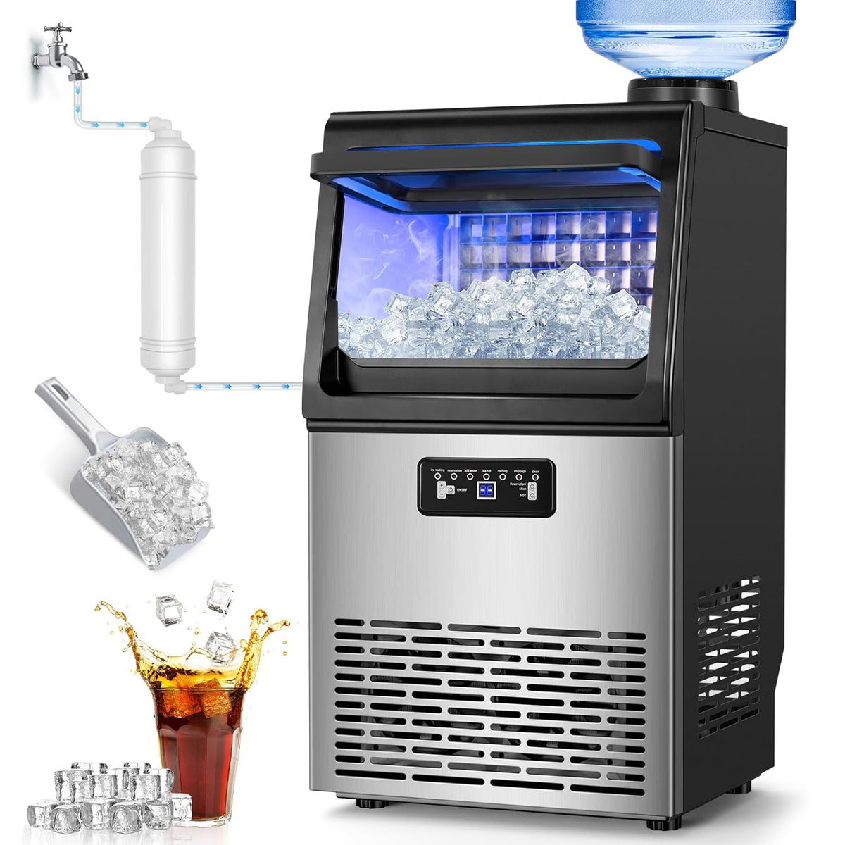 100LBS/24H High Output - Commercial Ice Maker with 20LBS Storage Bin - Dual Water Inlets, 36 Ice Cubes/Cycle, 15" Compact Undercounter/Freestanding Design - Self-Cleaning for Home Bars, Outdoor