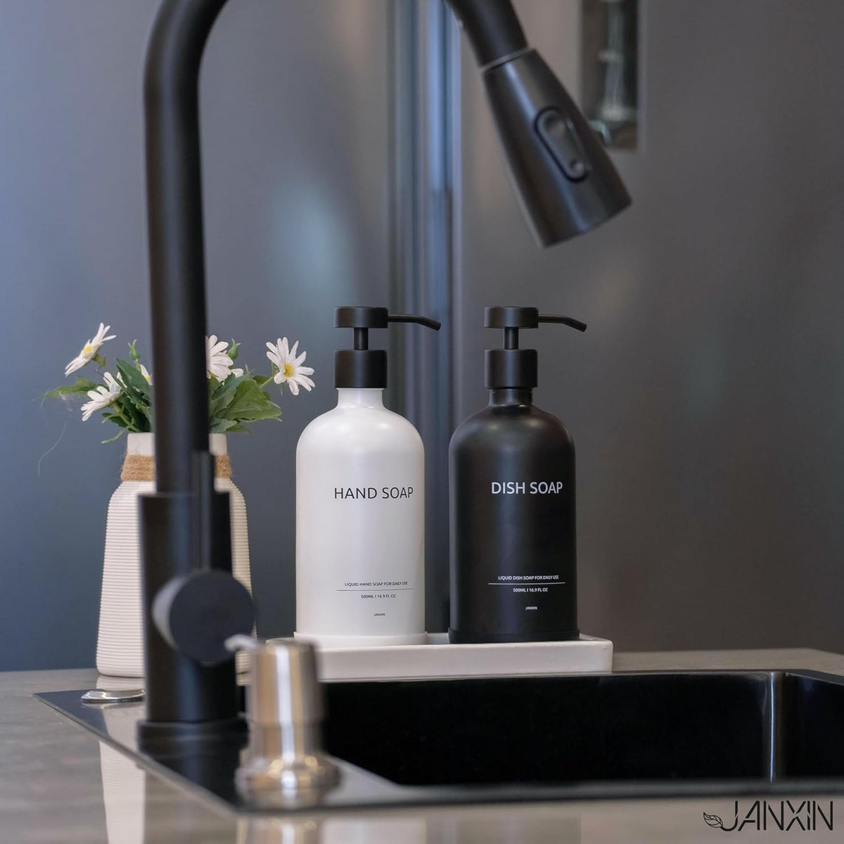 Glass Kitchen Soap Dispenser Set with Ceramic Tray,16.9 floz Hand and Dish Soap Dispenser for Kitchen and Bathroom Decor,White and Black Kitchen Accessories(White Bottles+Black Bottles)
