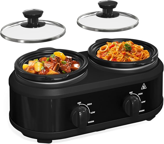 Double Slow Cooker, 2 x 1.25 QT Portable Small Dual Crock Cooker, Buffet Servers and Warmers Dishwasher Safe, Removable Ceramic Pot Glass Lid, Stainless Steel Black